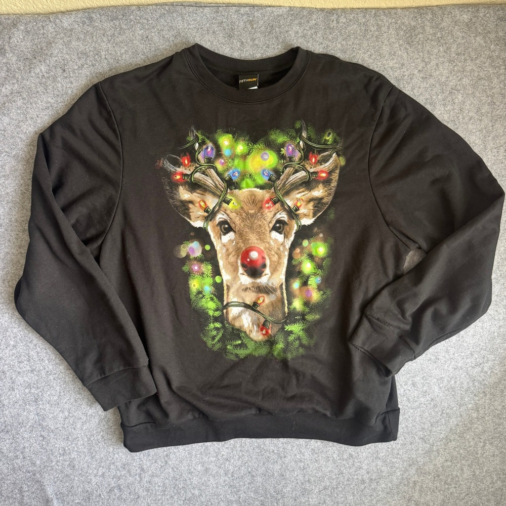Fifth Sun Mens Reindeer Christmas Lights Graphic Sweatshirt 2XL Black Fleece